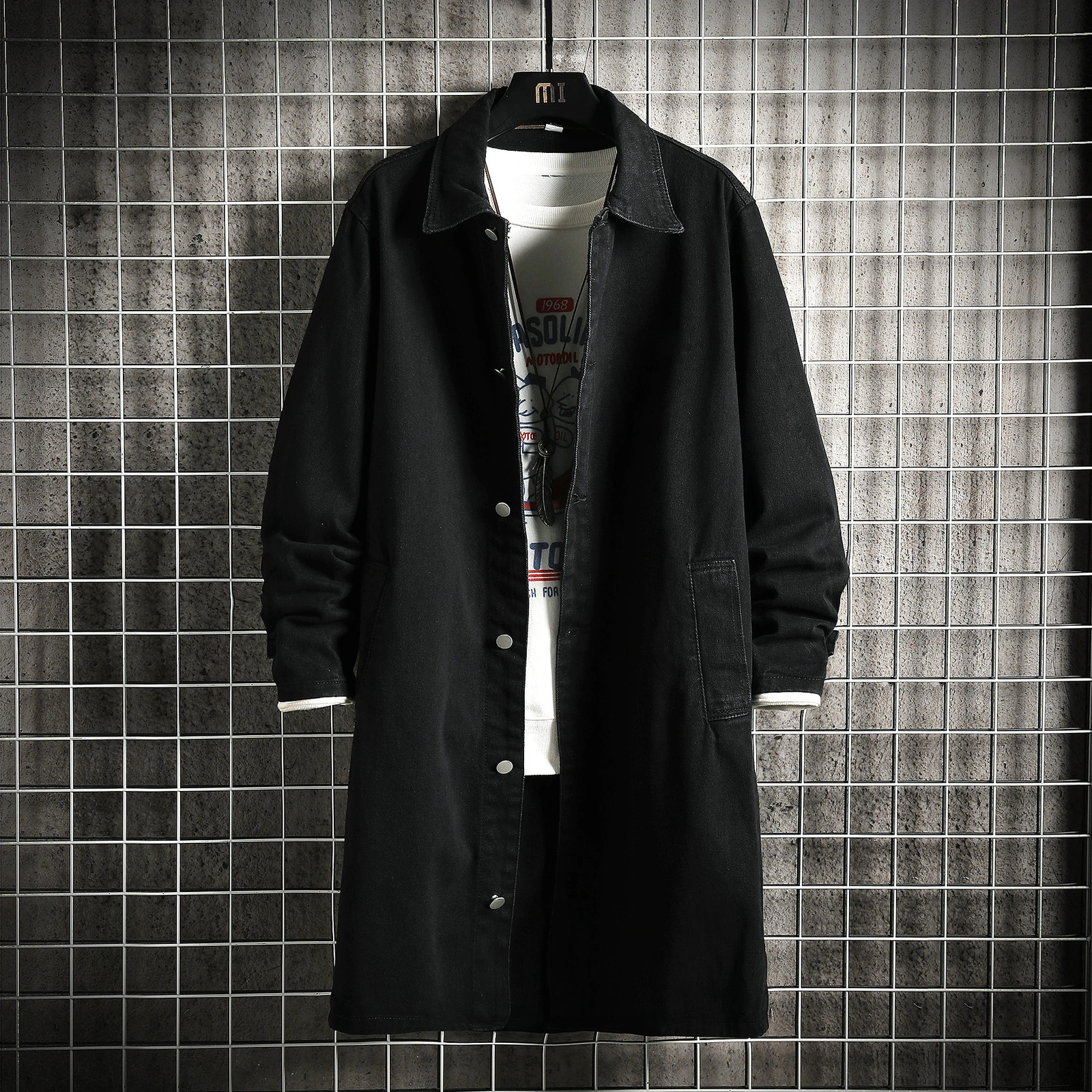 Spring Men Denim Jacket Loose MidLength Casual Coat Male TurnDown Collar Trenchcoat Korean Fashion Outerwear 260302