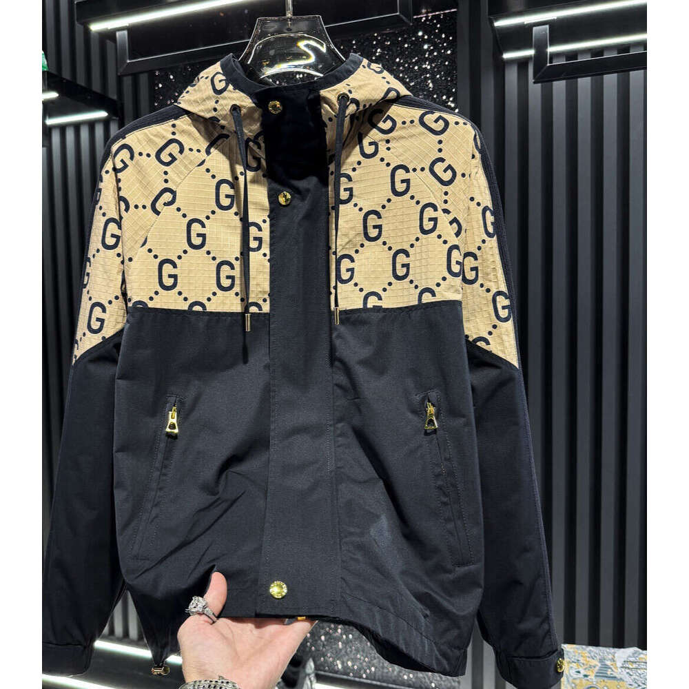 Men's High-End Patchwork Letter Print Casual Jacket, 2025 New Spring And Autumn Trendy Brand Thin Light Luxury Hooded Jacket