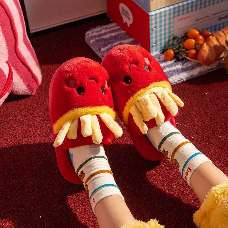 Cute Cartoon Fluffy Slippers For Women Men Autumn Winter House Shoes Warm Plush Anti-slip Furry Fries Couples Home Cotton Slides