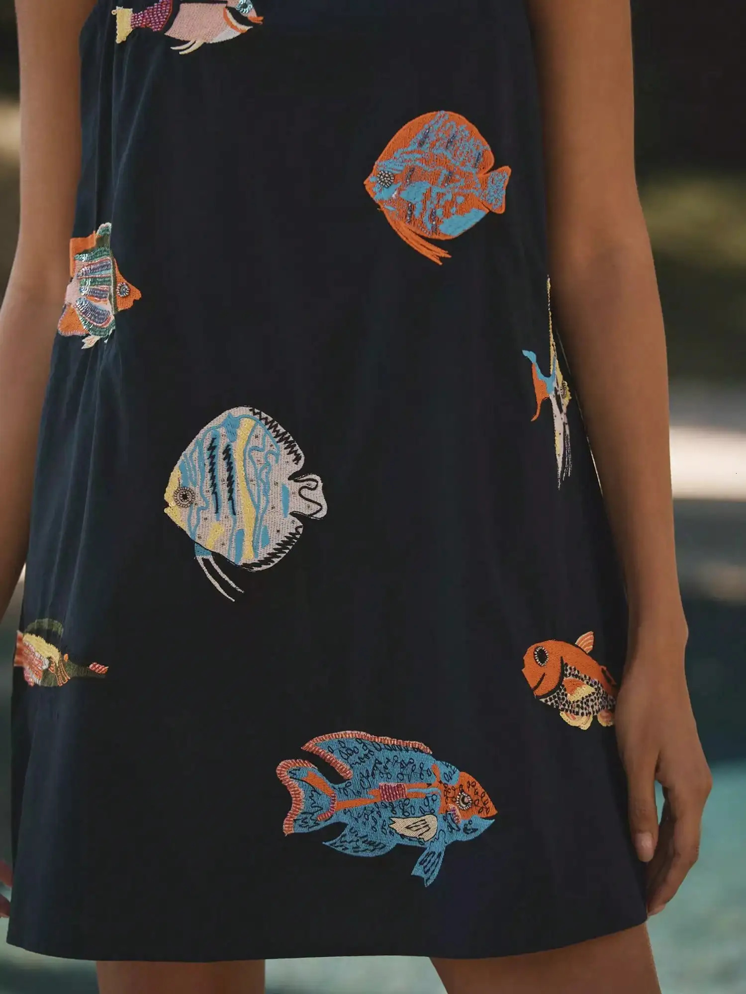 Women Y2K Boho Mini Cami Dress Spaghetti Strap Fish Printed Flowy Sling Dress Graphic Backless A Line Summer Holiday Sundress 260304