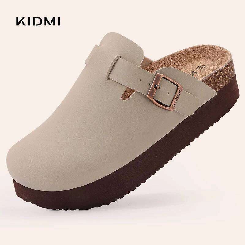 Kidmi Platform Women's Mules Cork Clogs Outdoor Deep Heels Waterproof Beach Slippers With Arch Support