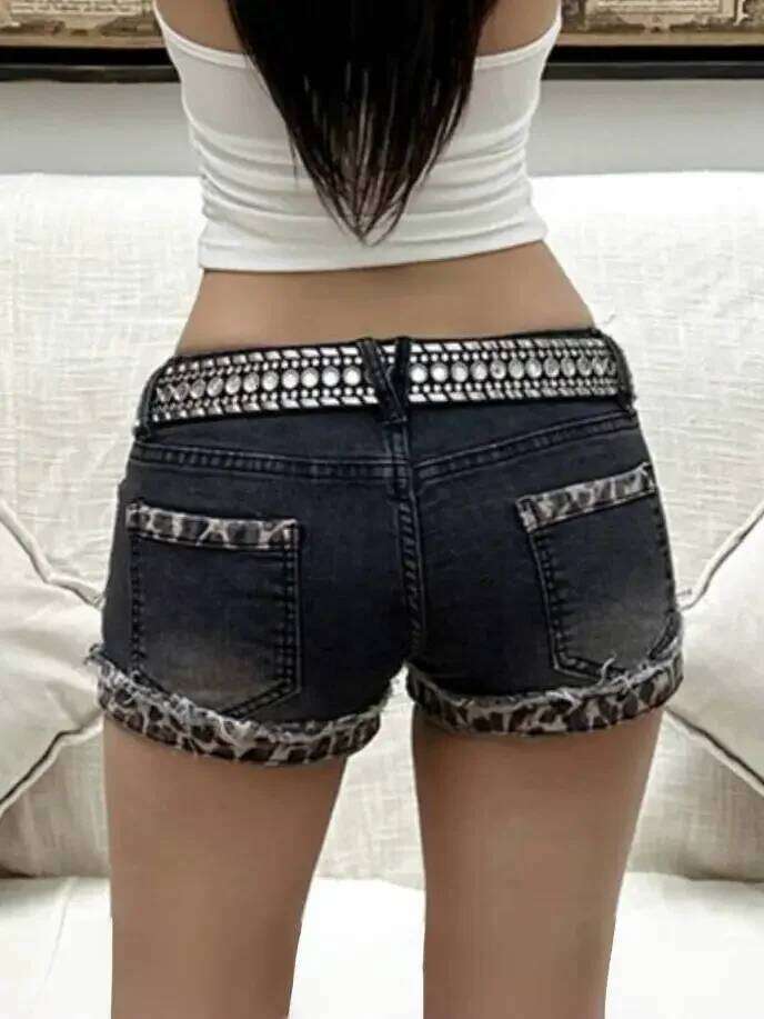 Women Emo Y2K Korean Streetwear Leopard Print Denim Mini Acubi Shorts Button Sexy Low Rise Short Trousers 2000s Alt Clothes XJ260305