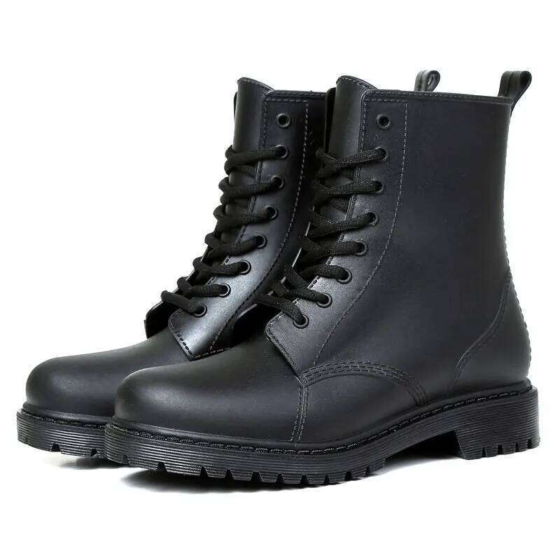 Fashion Women Rain Boots Waterproof Woman Square Heel Rubber Shoes Female Lace-up PVC Ankle Boot Ladies Platform Botas