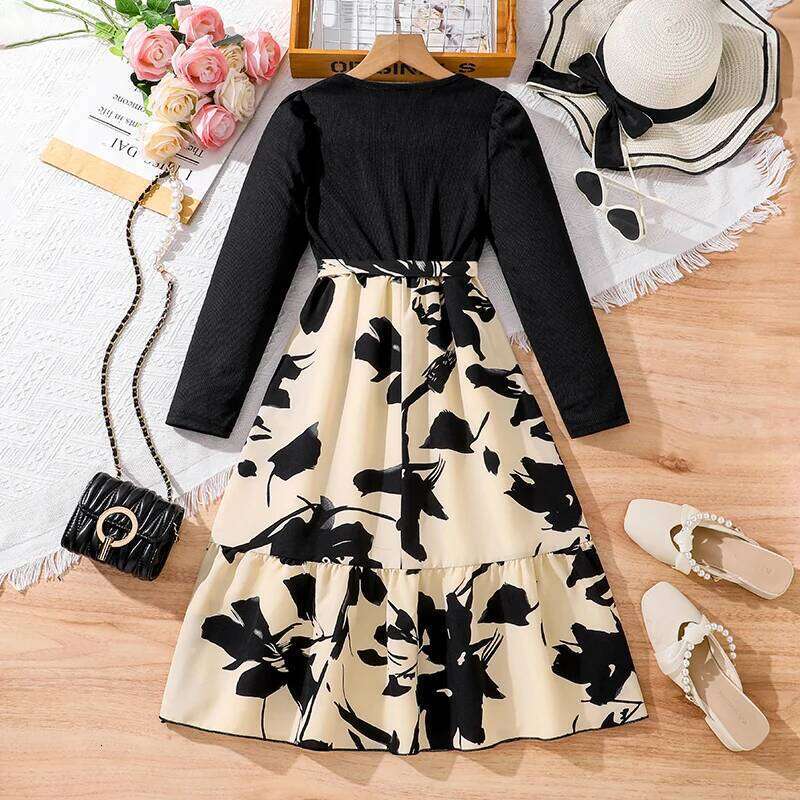 Kid Girl Long Sleeve Black Round Neck Patchwork Ink Painting Dress 8-12 Years Elegant Vintage Casual Kids Autumn Dresses Z260304