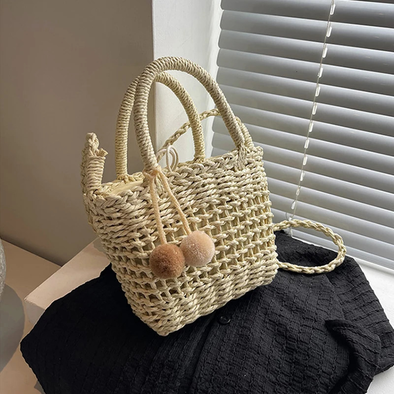 Grass Woven Rattan Storage Basket Crossbody Bag Handmade Straw Woven Basket Small Handbags Beach Shoulder Bag 260303