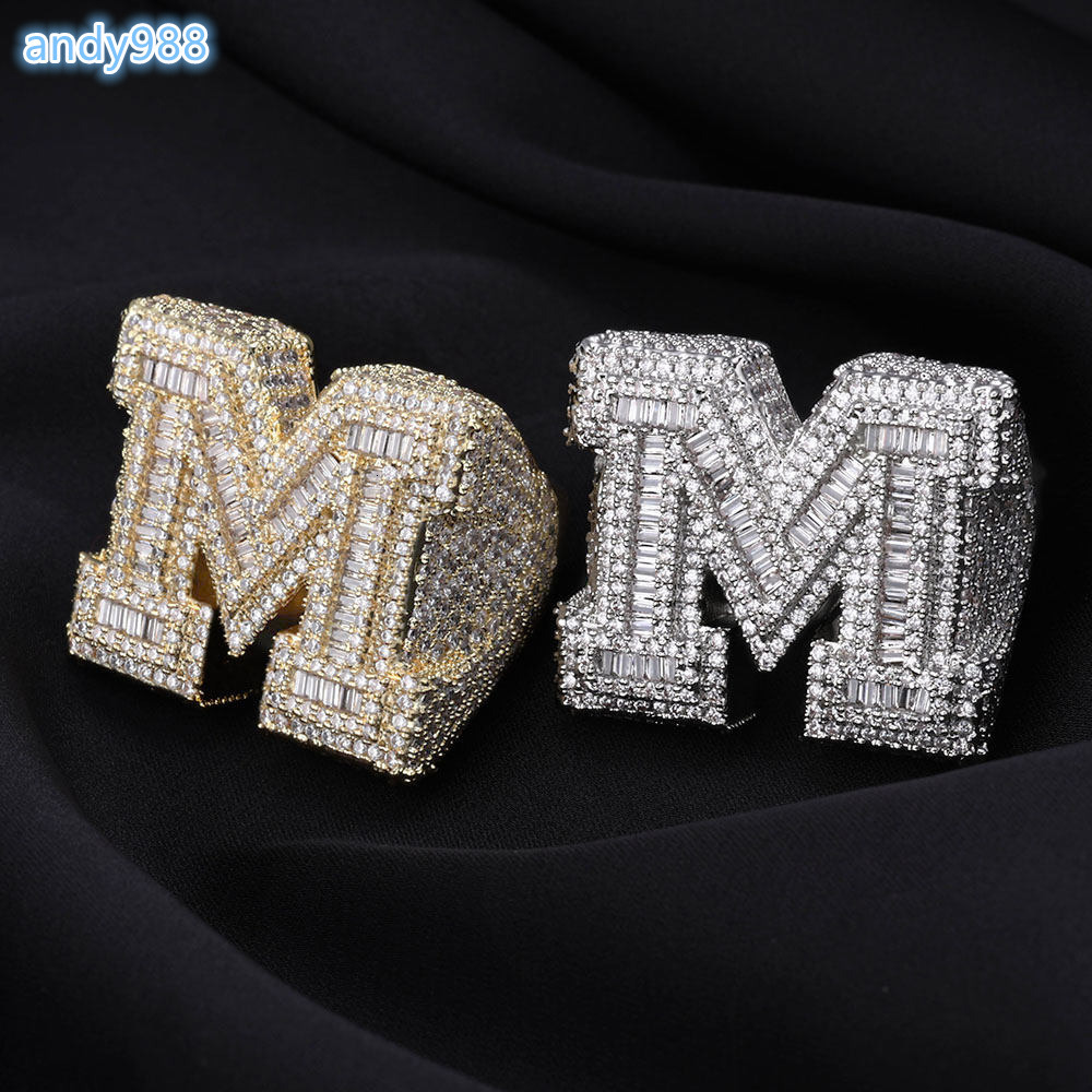Iced Out Hiphop M Letter Micro Pave Baguette White MoissaniteVVS Gold Plated Ring Fine Jewelry for Men