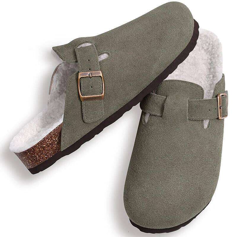 Kidmi New Women's Mules With Adjustable Buckle Soft Plush Lining Warm Clogs Slippers Non-slip Cork Insole Cozy Sandals For Women