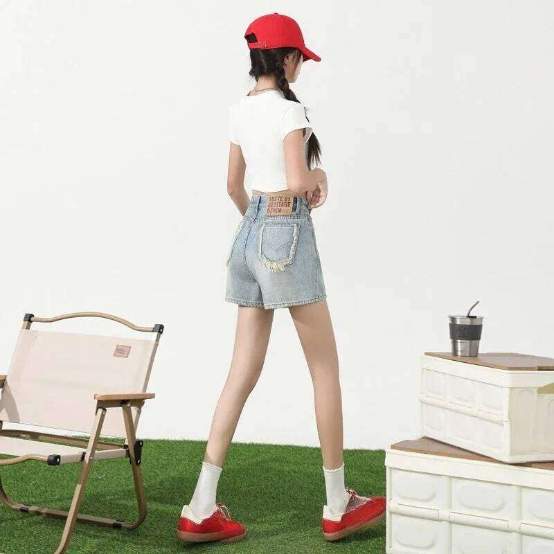 Niche Light Blue High-waisted Women's Loose Denim Shorts.Summer New Rough-edge Design Slim-fit Spice Girl A-line Pants for Women XJ260305