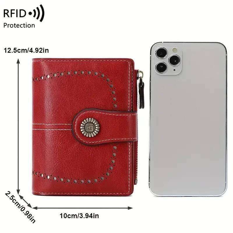 Retro three-fold RFID shielding women's short wallet, solid color large capacity daily fashion versatile clutch bag C260304