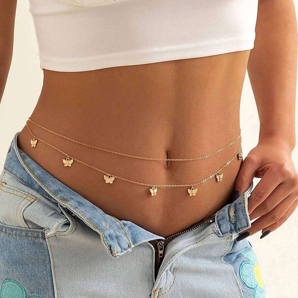 Metal Tassels Butterfly Waist for Women Sexy Charming Double Belly Summer Beach Body Chain Vacation Jewelry Gift S260304