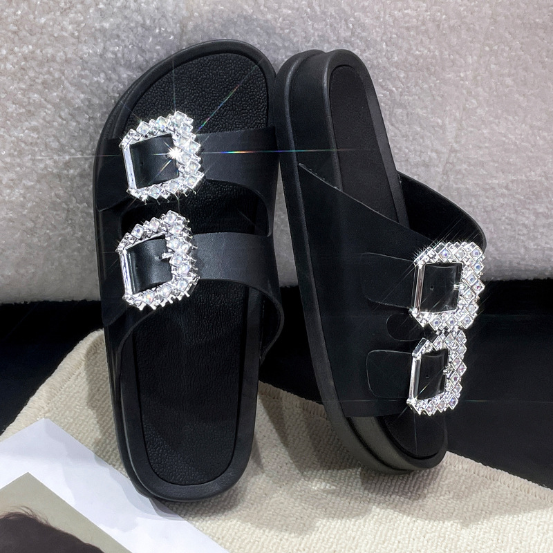 Women's Rhinestone Buckle Slide Sandals - Double Strap Flat Slippers for Casual & Beach Wear 36-41