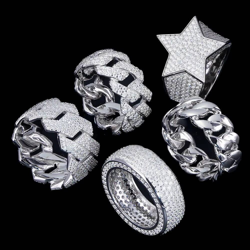 Bulk Wholesale Custom Hip Hop Crushed Iced Out 925 Sterling Silver Fine Jewelry Cuban Diamond Mossanite Moissanite Ring for Men