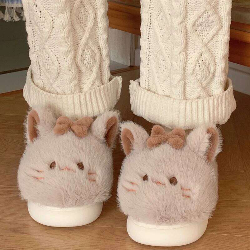 Cute Cartoon Cat Fluffy Slippers For Women Winter House Warm Faux Fur Thick Sole Anti-slip Girls Indoor Cotton Shoes