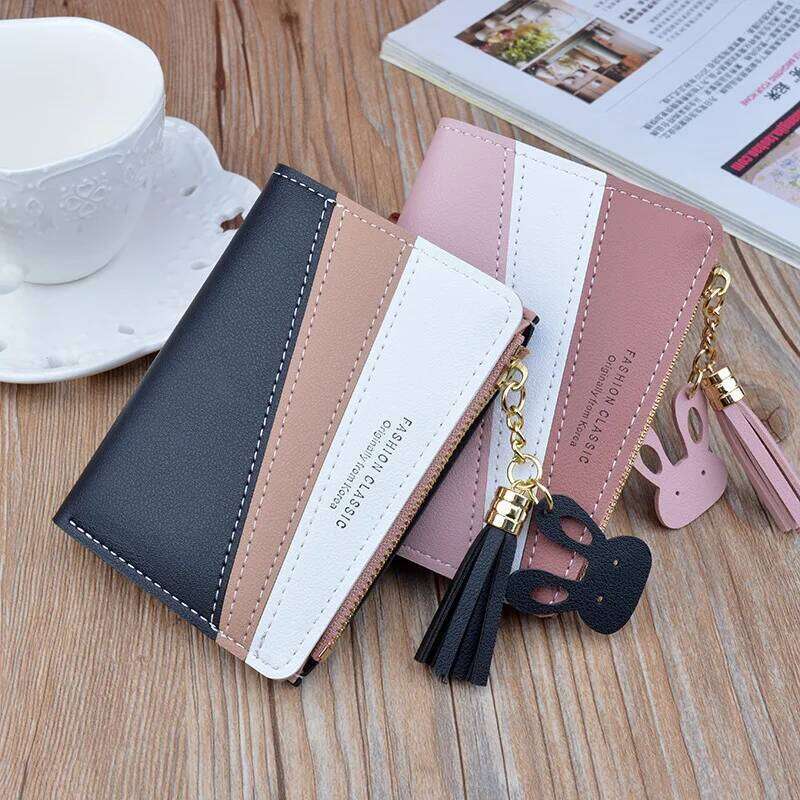 Women Wallet Patchwork Design Small Zipper Coin Purse Tassel Decoration Money Bag Simple Card Holder Contrast Color PU Leather C260304