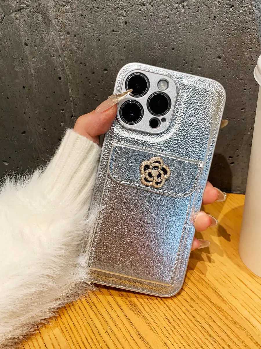 Luxury Metallic Silver Leather Card Holder Case with 3D Camellia For iPhone 16 15 14 13 12 11 Pro Max Plus | Premium Protective CoverT260305