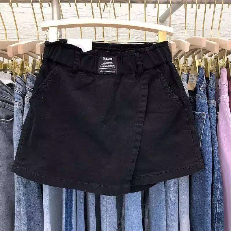 Fake Two Piece White Denim Skirt PURE COTTON Short Pant Asymmetric Elastic Waist Young Women Sweet Summer Skirts Korean Stylish XJ260305