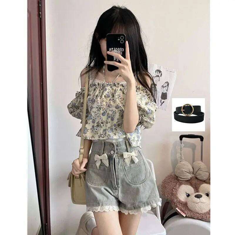 Denim Shorts Women 2025 Summer Sweet Bow Spliced Lace Hem High Waisted Short Jeans Japanese Kawaii All Match Streetwear XJ260305