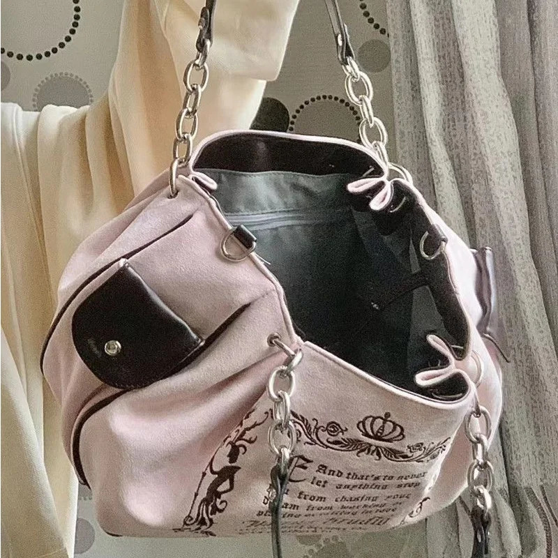 Y2K Women Pink Vintage Gothic Tote Bag Aesthetic Large Capacity Embroidery Letter Retro Ladies Grunge Chain Travel Shoulder Bags 260306