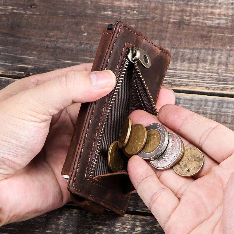 Hiram Credit Holder Men Metal RFID Vintage Aluminium Box Crazy Horse Leather Wallet Small Coin Purses ID Card Case C260304