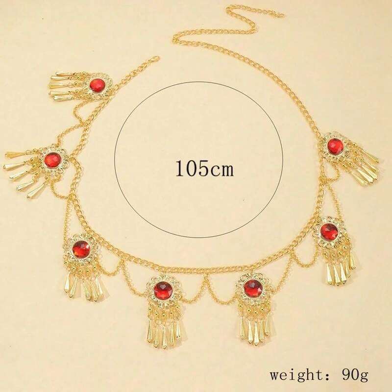 New Bohemian Waist Jewelry Metal Hollow Red Acrylic Gemstone Tassel Belly Chain Women's Dress Accessories S260304