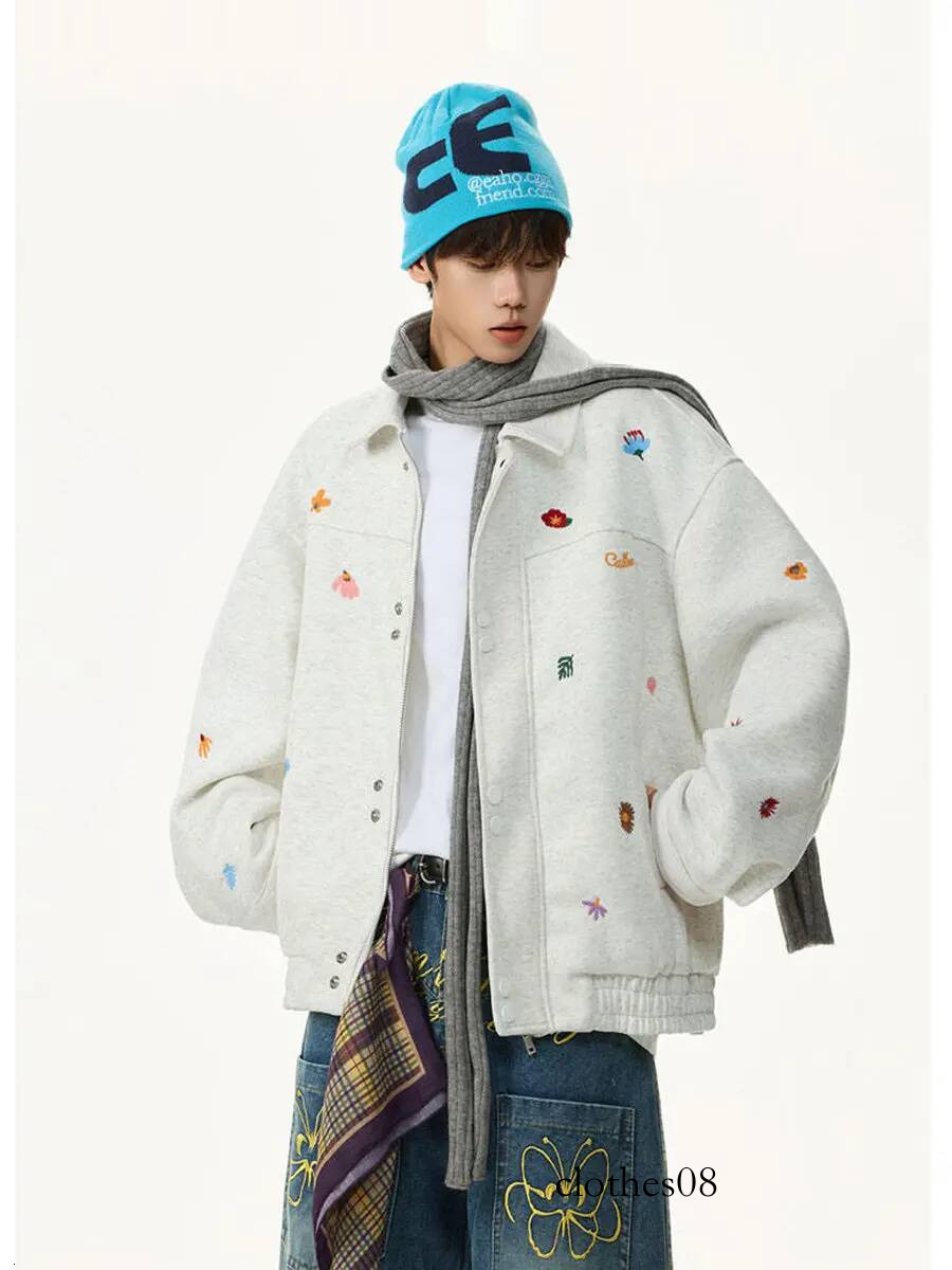 Floral Embroidered Fleece Lined Casual Collar Jacket Men's Spring New Style Comfortable Wearing Leisure Workwear Coat