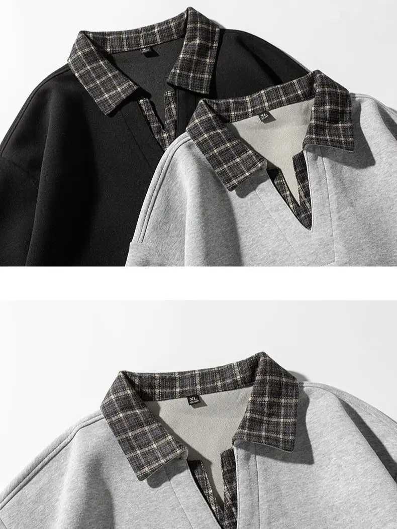 Retro Plaid Neck Sweatshirt for Men and Women Heavyweight Cotton Soft Fake Two-Piece V-Neck Long SLeeve M260305