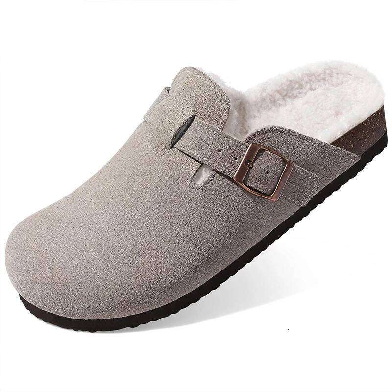 Kidmi Women's Suede Clogs Winter Womens Fashion Fuzzy Mules With Adjustable Buckle Slip On Fur Lined Warm Cork Sole Potato Shoes
