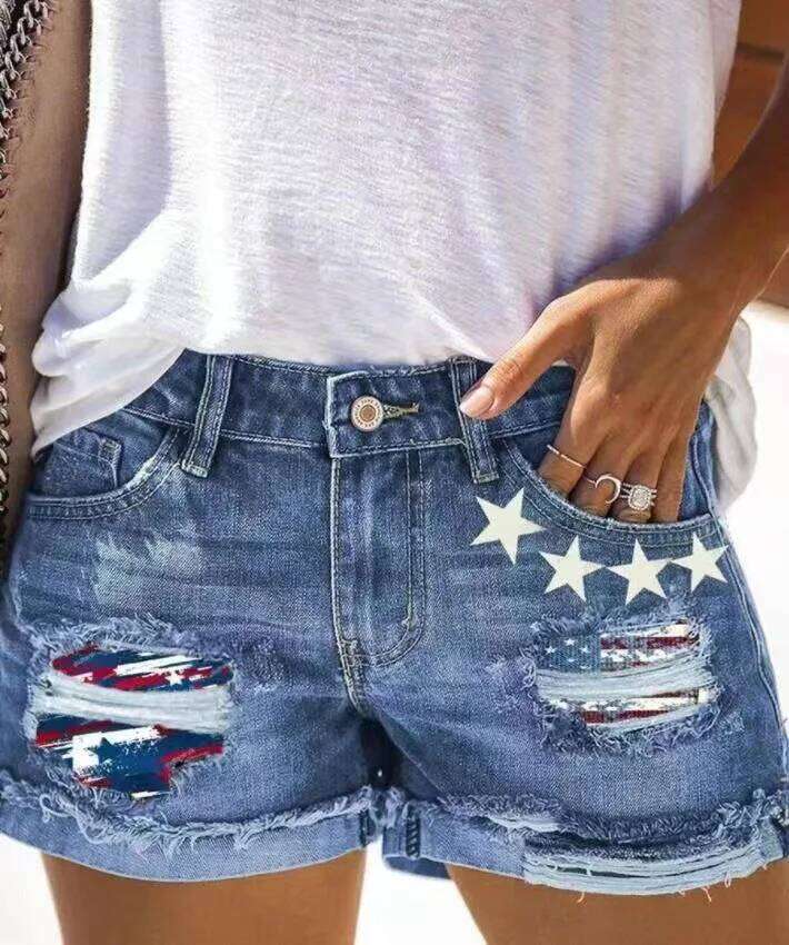 Fashionable Printed Washed Ripped Patch Denim Shorts. Women's Summer New Design Sense Flip The Edge Casual Mid-waist Short Jeans XJ260305