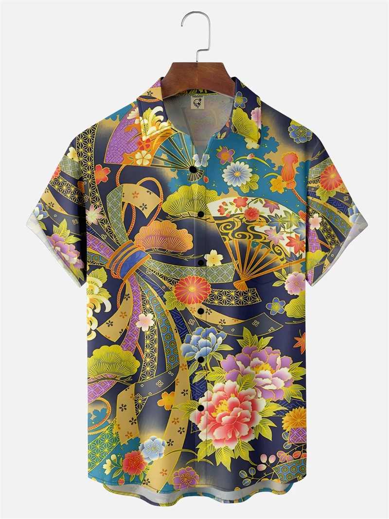 Japanese Style Ukiyoe Wave Print Men Women Short SLeeve Button Shirts Summer Fashion Clothes Tops HAWaiian Unisex Blouse M260305