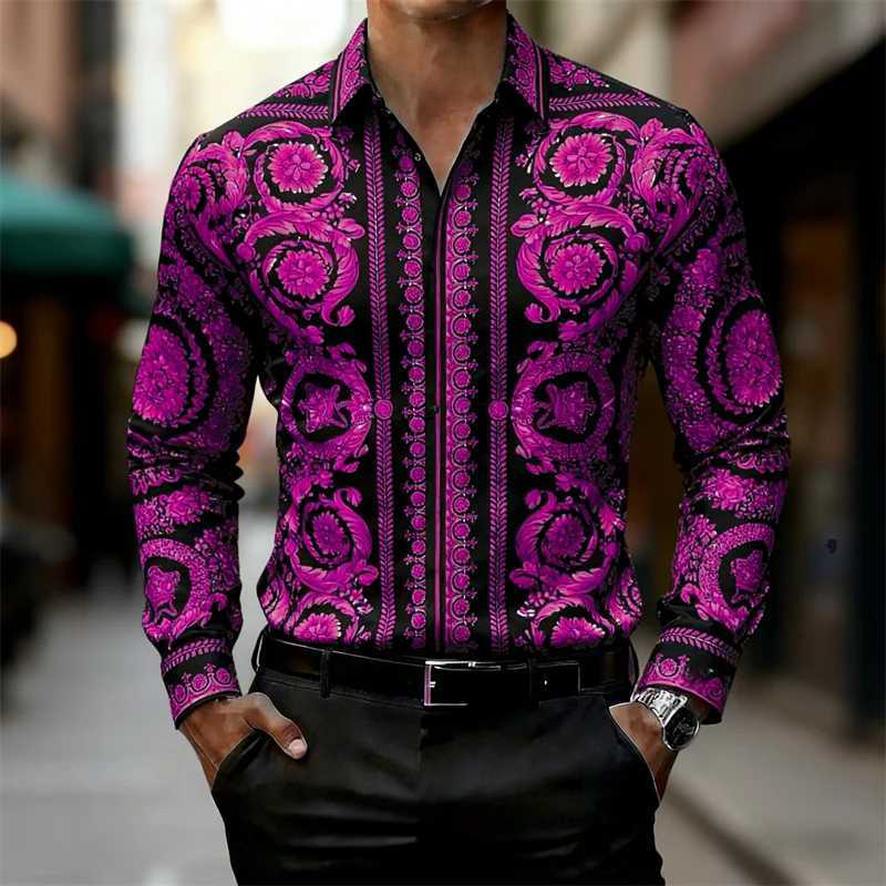 Mens Shirt Baroque Style Gold Pattern Long Sleeve Shirt Fashion Slim HD Print Shirt Hot Sale XS-6XL M260305