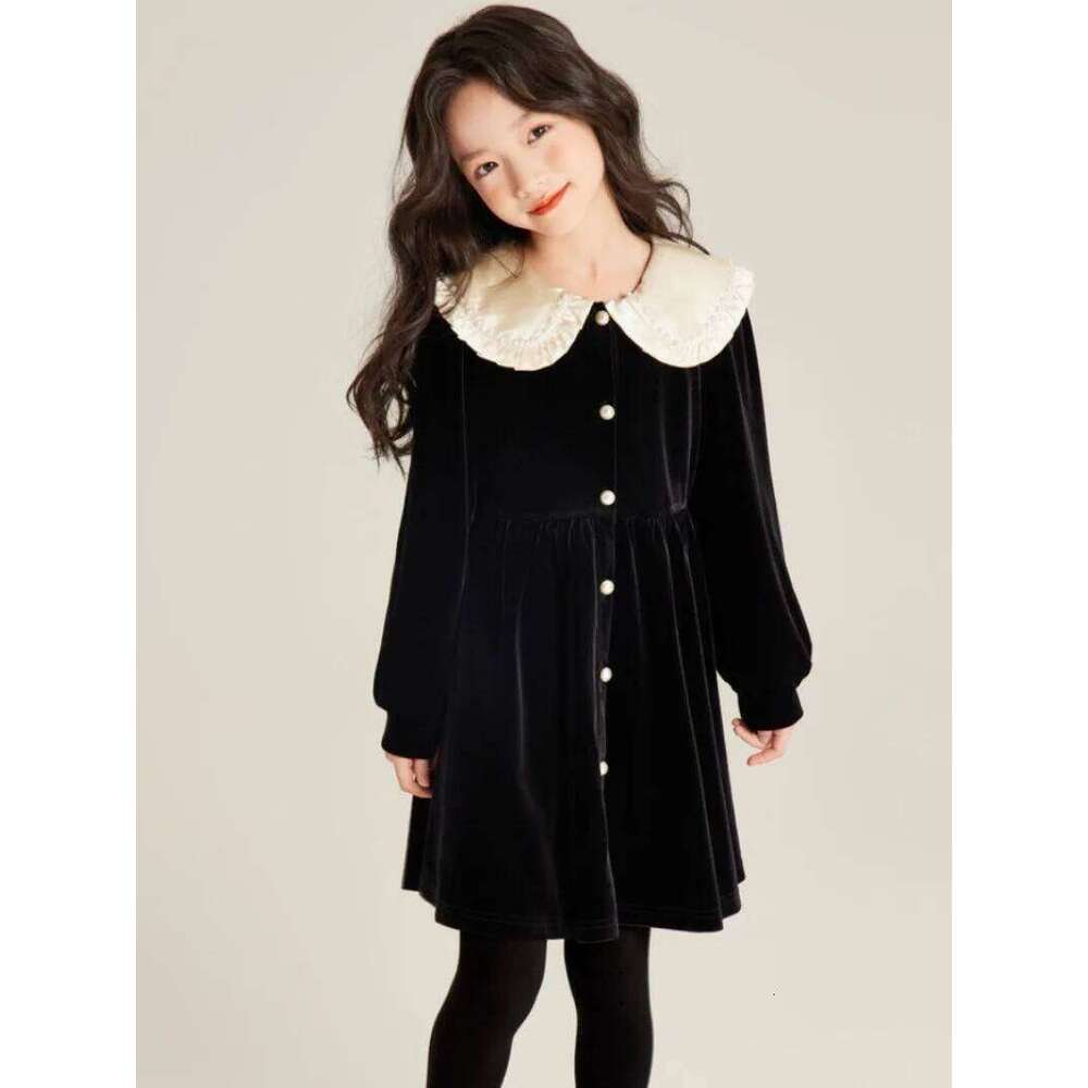 Girls' Autumn/Winter High-end Fleece-lined Velvet Elegant Black Princess Gown Dress - 4-12 Years Old Z260304