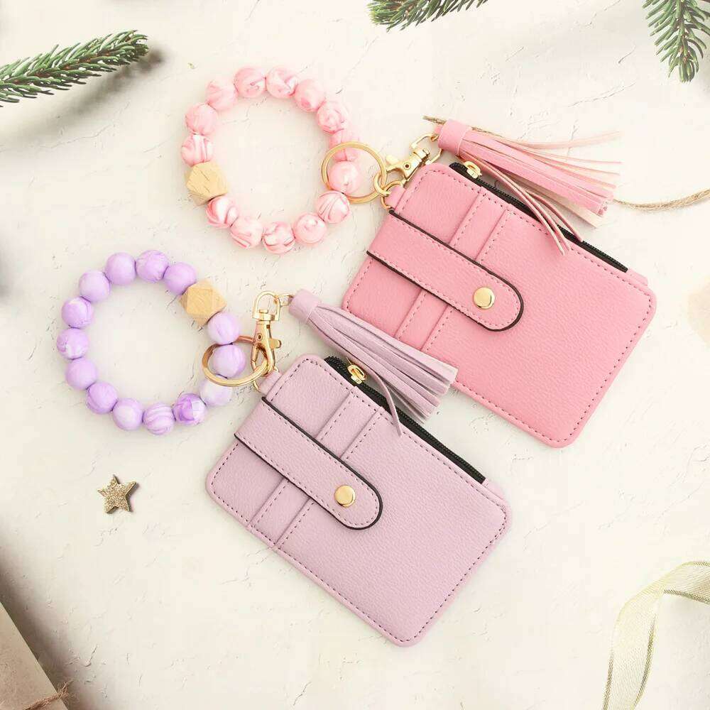 1pc Silicone Bead PU Leather Wristlet with Bracelet Foldable ID Credit Card Holder Keychain Wallet for Women Girls Gift C260304