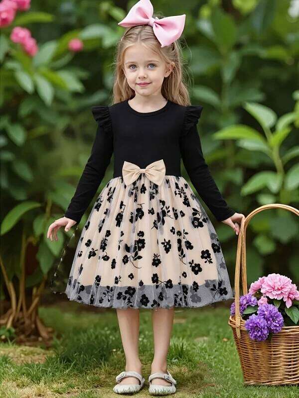 Spring Autumn Infant Toddler round Neck Fly Sleeve Splice Flower Print Tulle Casual Dress for Baby Girls Z260304