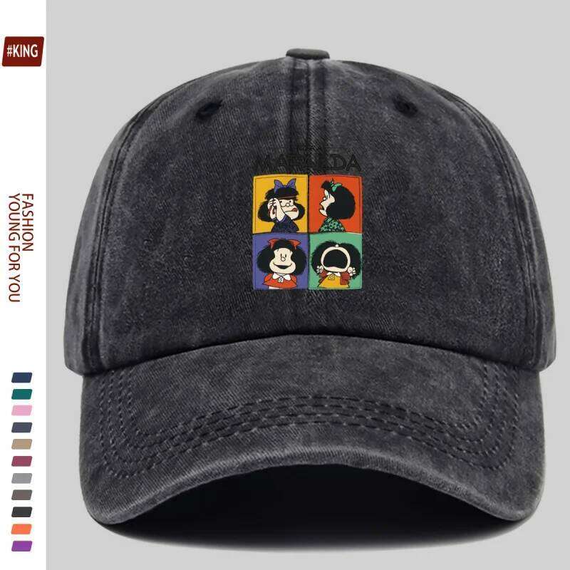 Simple Cartoon Four-Grid Printed Washed Vintage Soft Top Sunshade Unisex Versatile Baseball Cap Y260304