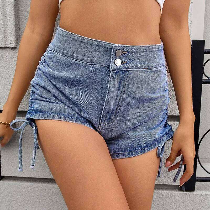 High Waist Drawstring Side Denim Women Summer New Streetwear Retro Matching Casual Wide Leg Jean Shorts XJ260305