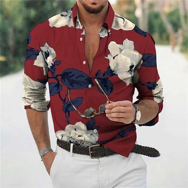 Casual Hawaiian floral print shirt summer mens long sleeve shirt 3D print lapel shirt men and women fashion long sleeve shirt a85 M260305