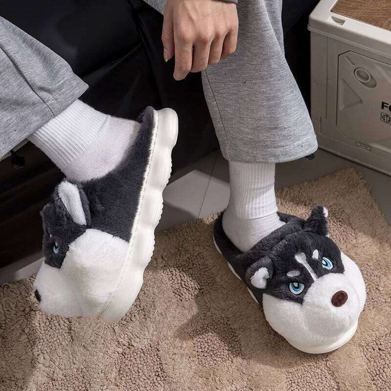 Women Indoor Cotton Slippers Cute Cartoon Dog Winter Warm Shoes Couples Home Floor Slides Anti-slip Female Male House Footwear
