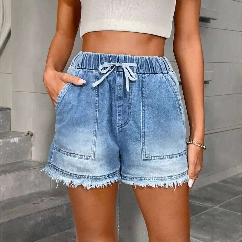 Women Denim Shorts Drawstring Elastic Hight Waist Pants Casual Baggy JEANS withPocket Tassel Hem Summer Blue Trendy Streetwear XJ260305