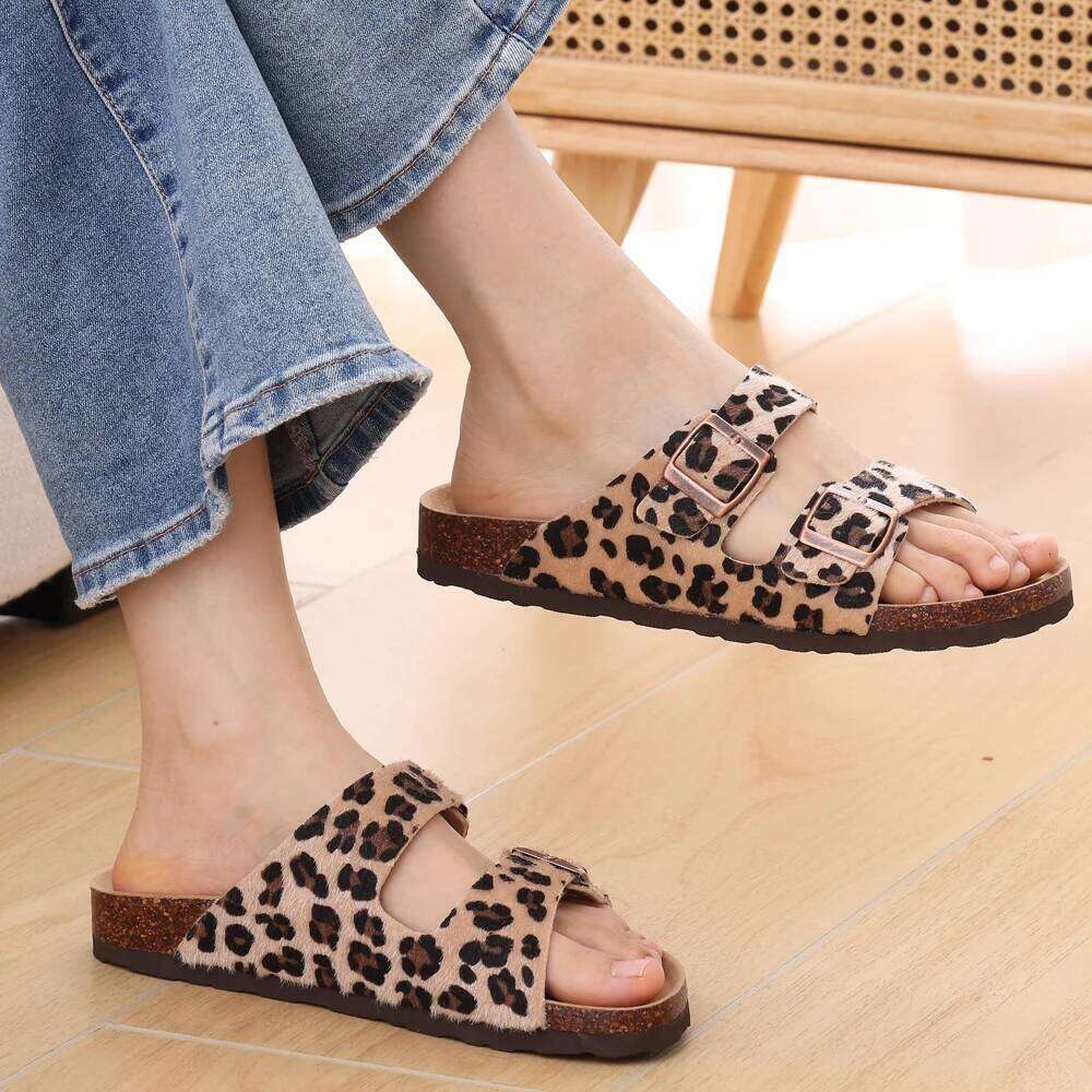 Kidmi Women's Slide New Casual Cork Footbed Platform Open Toe Leopard Slides With Adjustable Buckle Flat Sandals