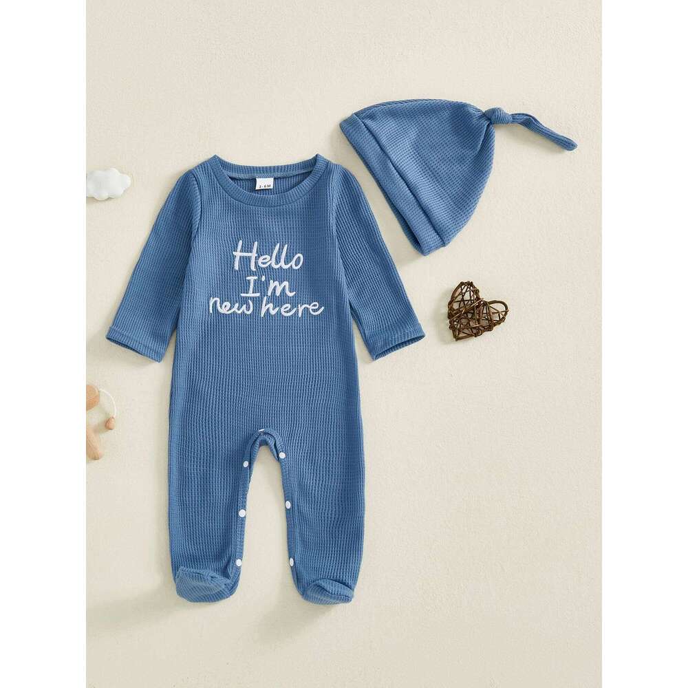 Infant Boys 2-Piece Outfit Cozy Long Sleeve Footie Romper with Crew Neck and Embroidered Letters Matching Hat Included Z260304