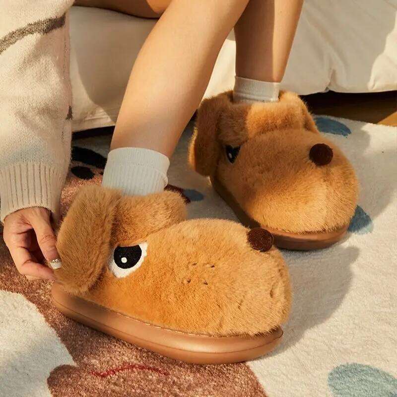 Cute Cartoon Dog Indoor Fluffy Slippers For Women Men Warm House Shoes Soft Faux Fur Anti-slip Couples Home Garden Snow Boots