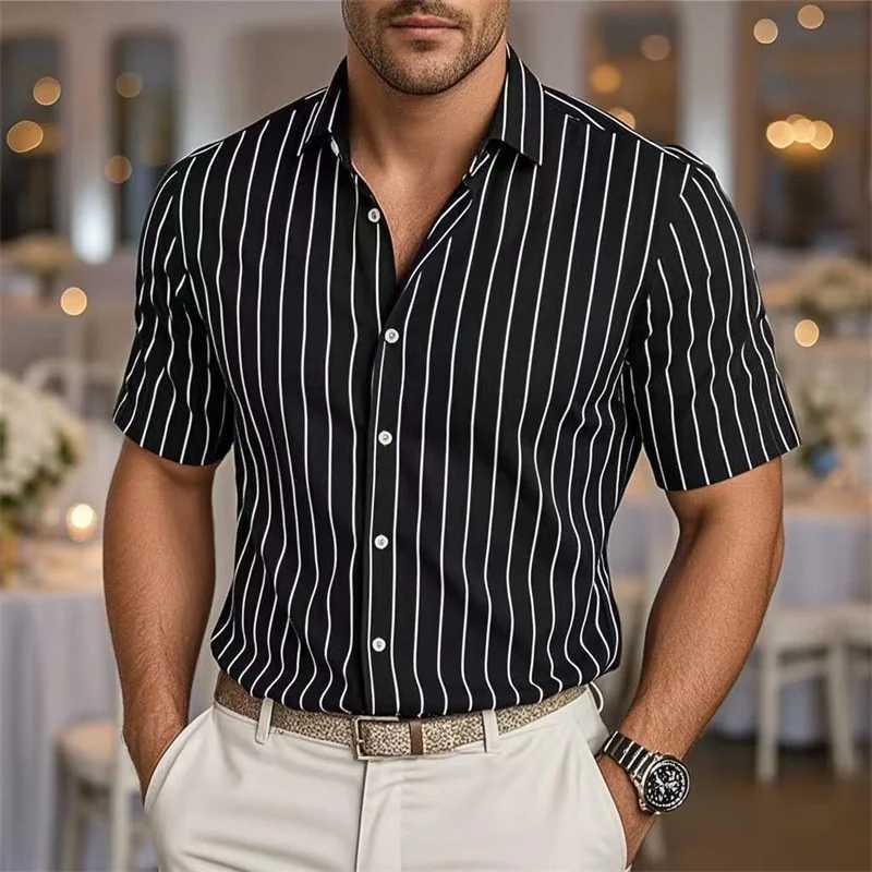Mens Fashion Striped Loose Short Sleeve Shirt Casual Breathable Lapel Button Shirt Soft and Comfortable Festival Top M260305