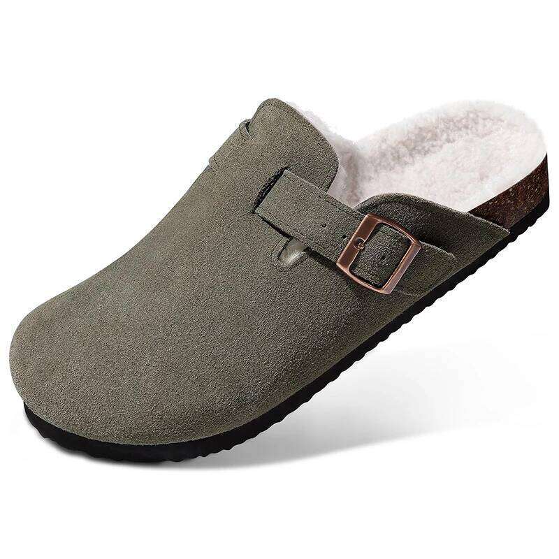 Kidmi New Women's Mules With Adjustable Buckle Soft Plush Lining Warm Clogs Slippers Non-slip Cork Insole Cozy Sandals For Women