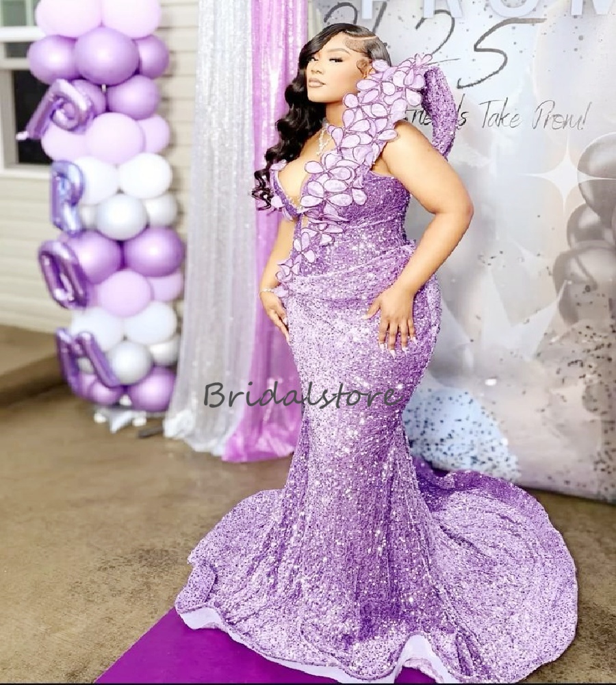 Sparkly Purple Sequin Evening Dress For Nigeria Women Elegant Large Size Mermaid Prom Dress Black Girls Birthday Formal Party Dress Night Vestio De Fi
