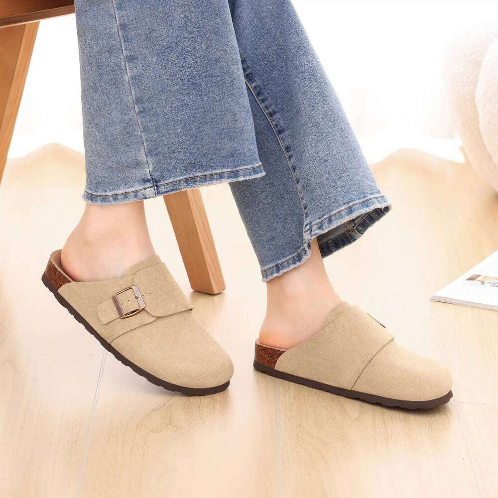 Kidmi New for Women Suede Soft Leather Clogs Classic with Metal Buckle Cork Clog Antislip Potato Slippers Waterproof Mules