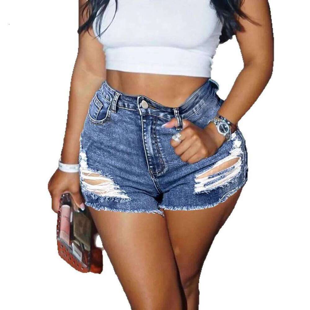 Women's Fashion Casual Dark Blue Ripped Elastic Tight Denim Shorts XJ260305