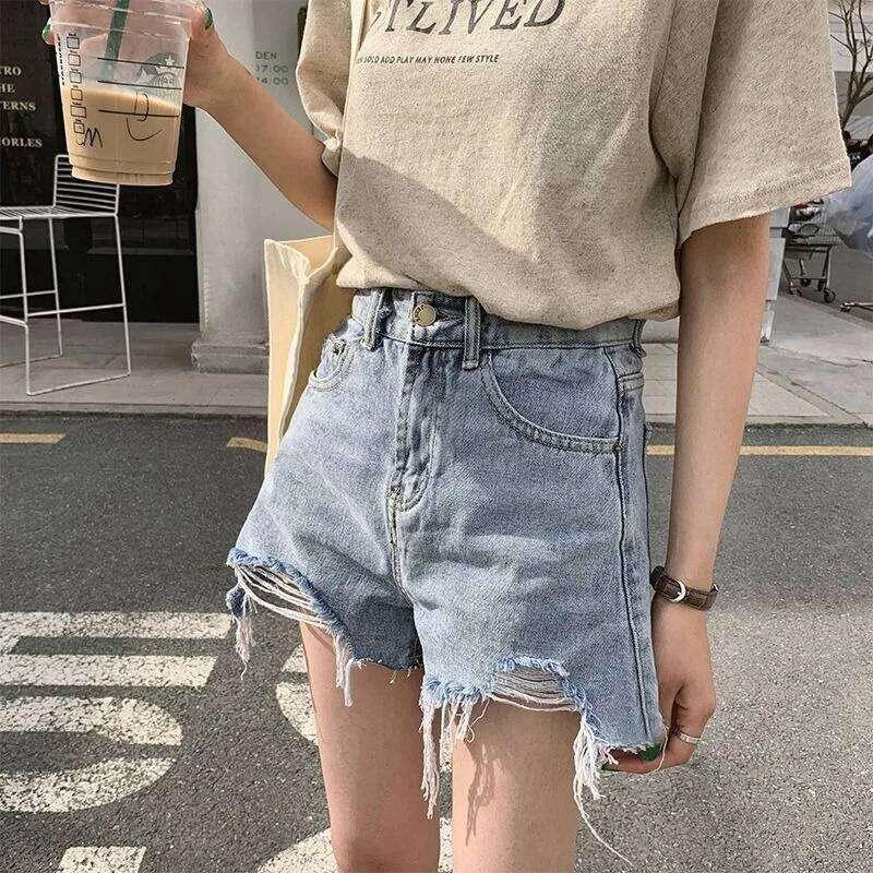Women's denim shorts women's autumn new Korean version ripped hole high waist slim fit slimming A-line hot pants XJ260305