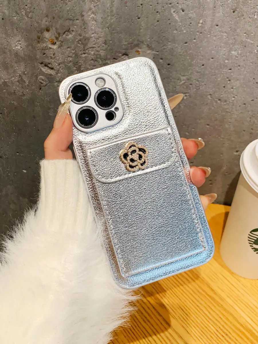 Luxury Metallic Silver Leather Card Holder Case with 3D Camellia For iPhone 16 15 14 13 12 11 Pro Max Plus | Premium Protective CoverT260305