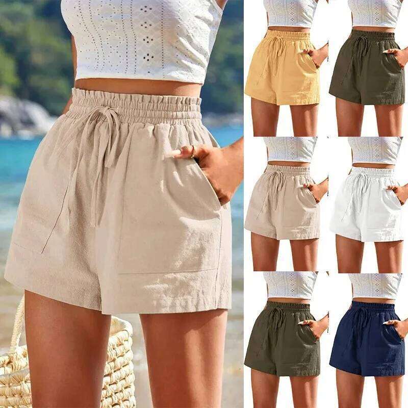2025 Summer New Women's Shorts Loose Linen Casual Pockets Solid Color High Waist Wide Leg Pants XJ260305
