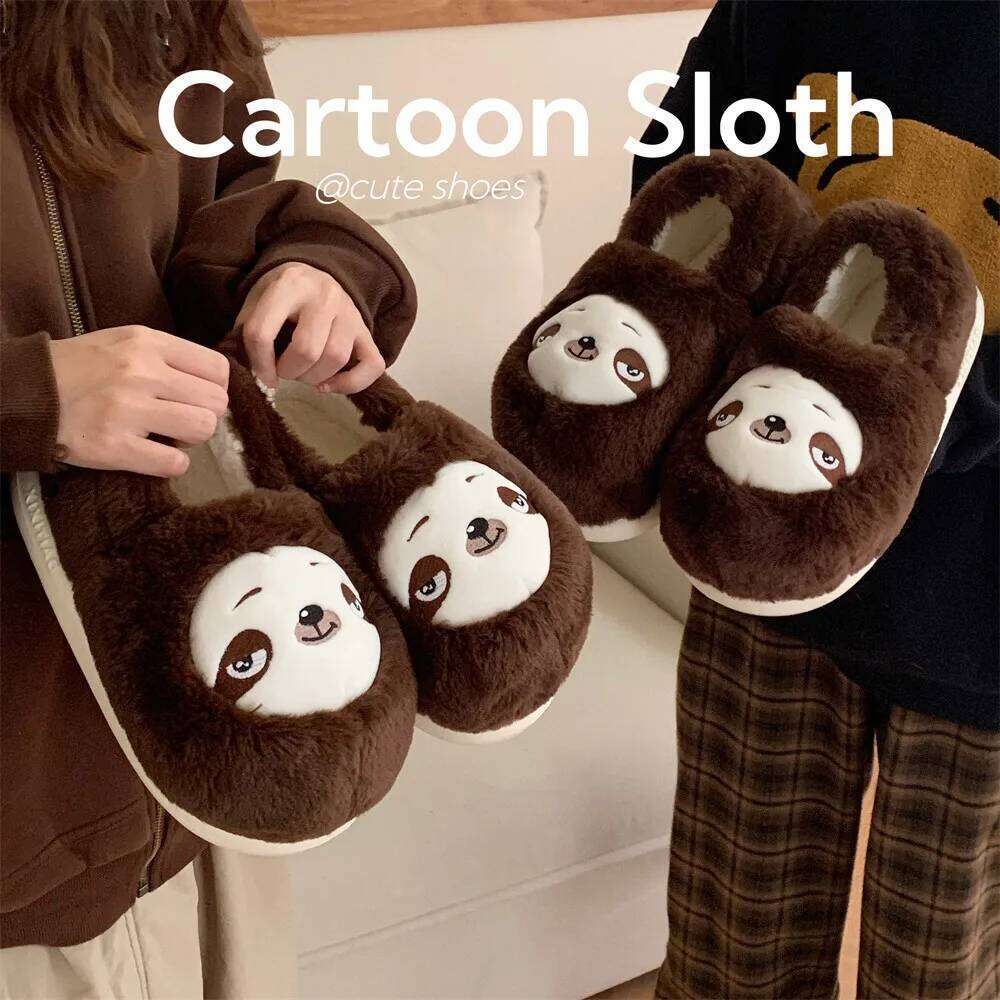 Indoor Cotton Slippers For Women Men Winter Warm Cute Cartoon Sloth Soft Plush Anti-slip Couples Home Floor Fluffy Shoes